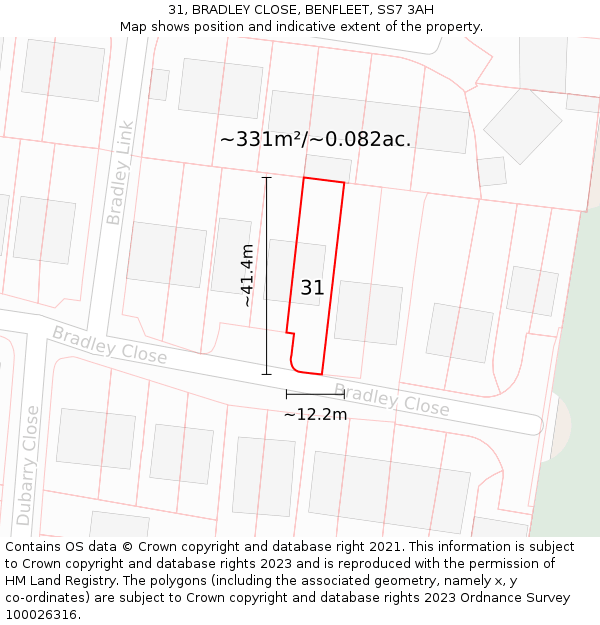 31, BRADLEY CLOSE, BENFLEET, SS7 3AH: Plot and title map