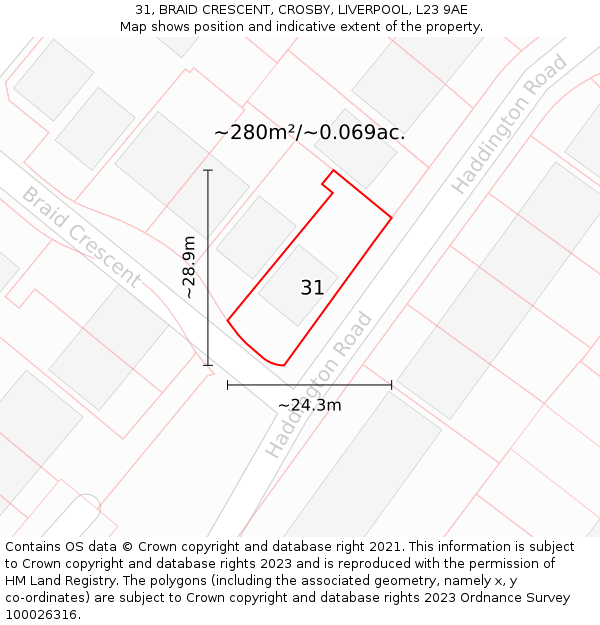 31, BRAID CRESCENT, CROSBY, LIVERPOOL, L23 9AE: Plot and title map