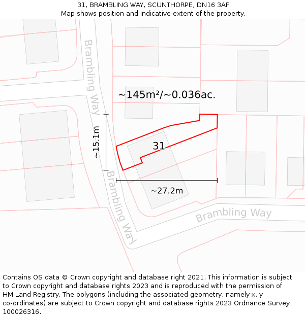 31, BRAMBLING WAY, SCUNTHORPE, DN16 3AF: Plot and title map