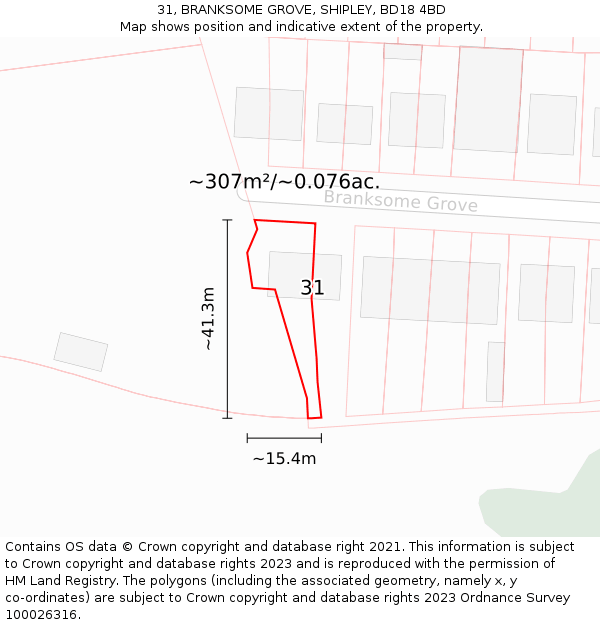 31, BRANKSOME GROVE, SHIPLEY, BD18 4BD: Plot and title map