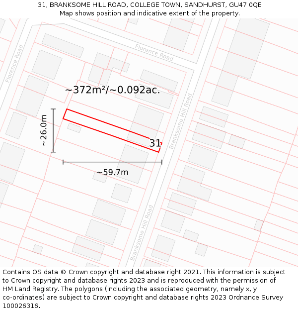 31, BRANKSOME HILL ROAD, COLLEGE TOWN, SANDHURST, GU47 0QE: Plot and title map