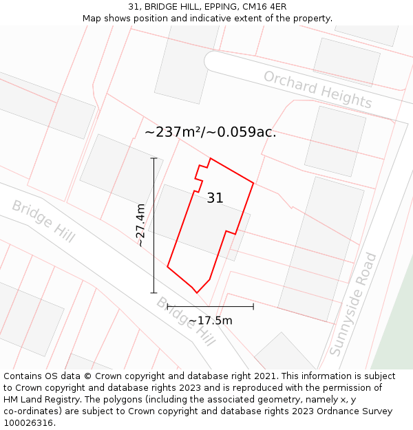 31, BRIDGE HILL, EPPING, CM16 4ER: Plot and title map