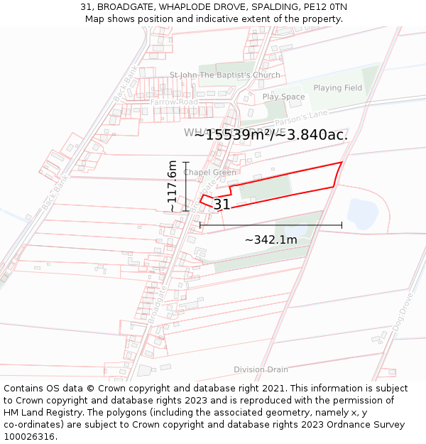 31, BROADGATE, WHAPLODE DROVE, SPALDING, PE12 0TN: Plot and title map