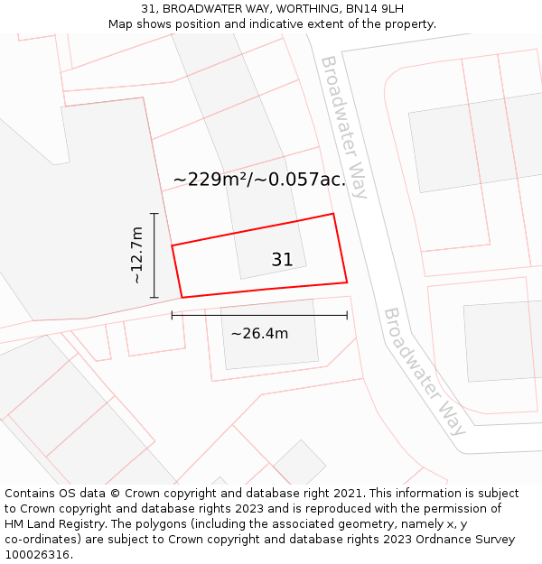 31, BROADWATER WAY, WORTHING, BN14 9LH: Plot and title map
