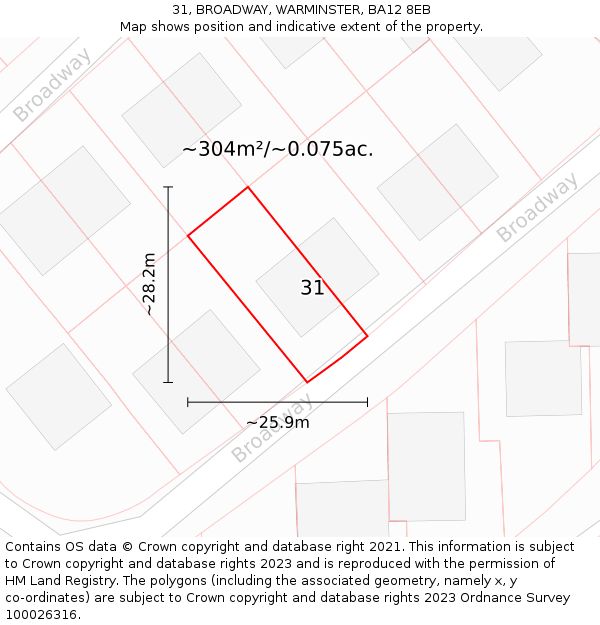 31, BROADWAY, WARMINSTER, BA12 8EB: Plot and title map