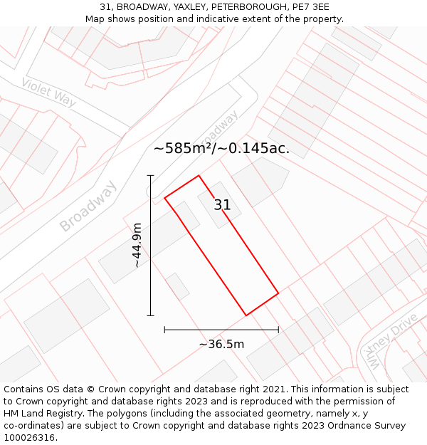 31, BROADWAY, YAXLEY, PETERBOROUGH, PE7 3EE: Plot and title map