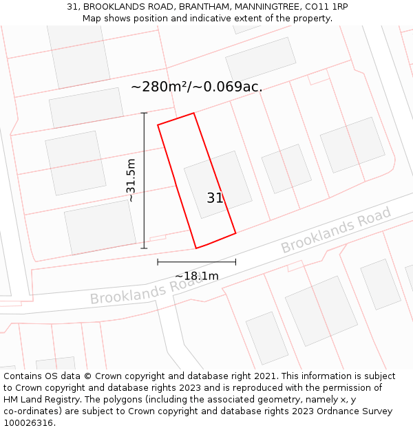 31, BROOKLANDS ROAD, BRANTHAM, MANNINGTREE, CO11 1RP: Plot and title map