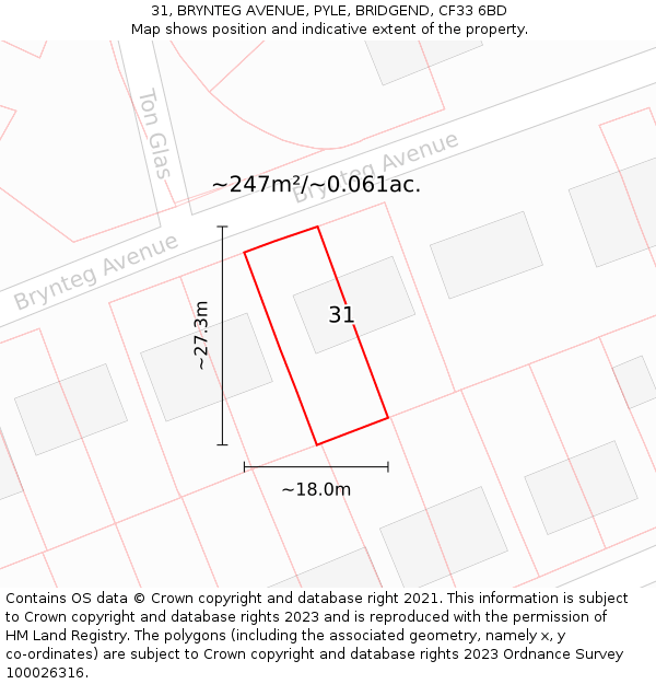 31, BRYNTEG AVENUE, PYLE, BRIDGEND, CF33 6BD: Plot and title map