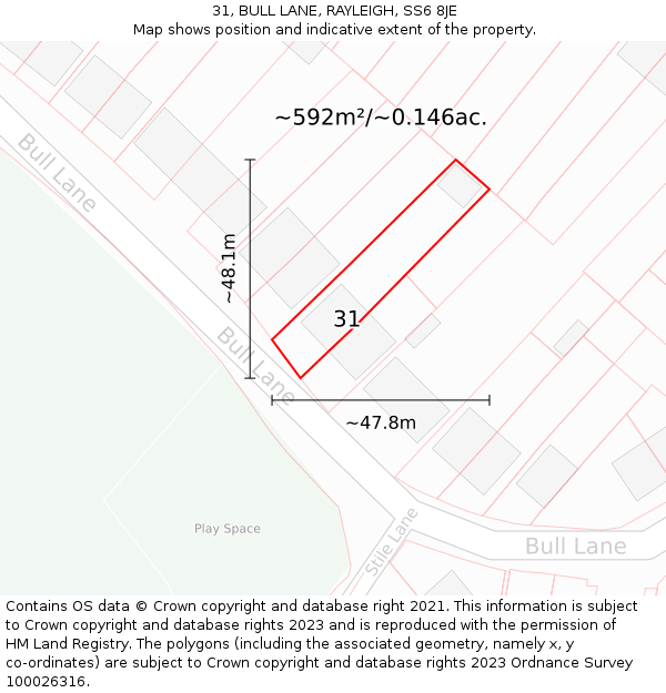 31, BULL LANE, RAYLEIGH, SS6 8JE: Plot and title map