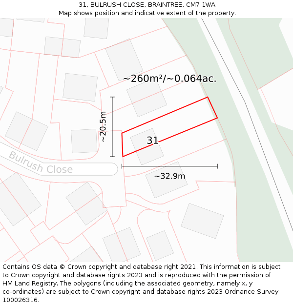 31, BULRUSH CLOSE, BRAINTREE, CM7 1WA: Plot and title map
