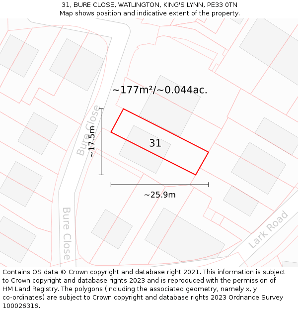 31, BURE CLOSE, WATLINGTON, KING'S LYNN, PE33 0TN: Plot and title map