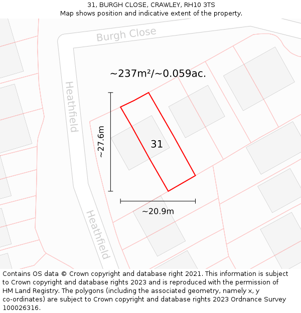 31, BURGH CLOSE, CRAWLEY, RH10 3TS: Plot and title map