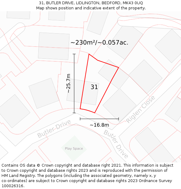 31, BUTLER DRIVE, LIDLINGTON, BEDFORD, MK43 0UQ: Plot and title map
