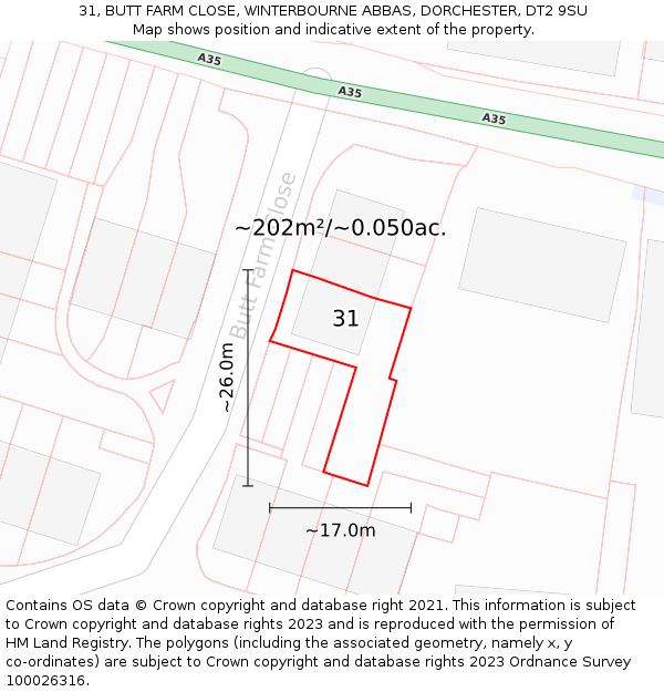 31, BUTT FARM CLOSE, WINTERBOURNE ABBAS, DORCHESTER, DT2 9SU: Plot and title map