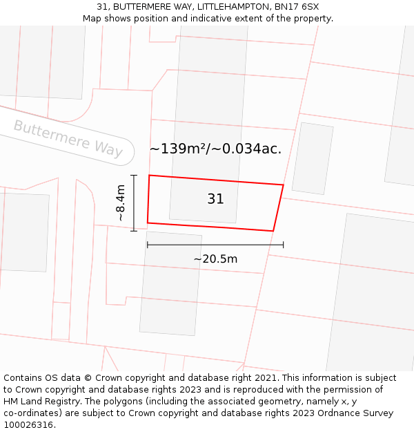 31, BUTTERMERE WAY, LITTLEHAMPTON, BN17 6SX: Plot and title map