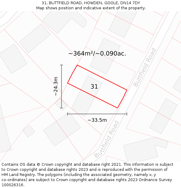 31, BUTTFIELD ROAD, HOWDEN, GOOLE, DN14 7DY: Plot and title map