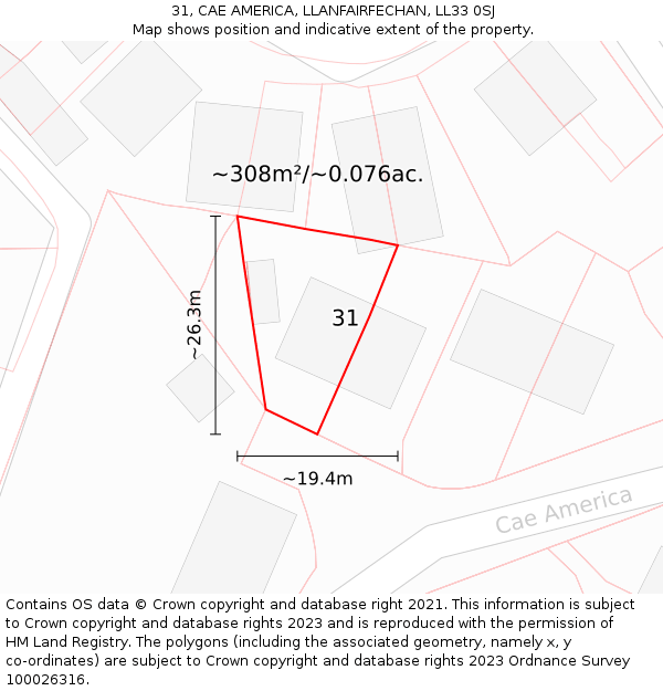 31, CAE AMERICA, LLANFAIRFECHAN, LL33 0SJ: Plot and title map