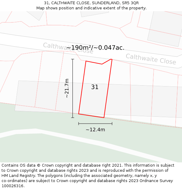 31, CALTHWAITE CLOSE, SUNDERLAND, SR5 3QR: Plot and title map