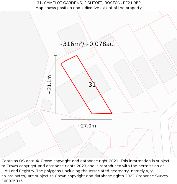 31, CAMELOT GARDENS, FISHTOFT, BOSTON, PE21 9RP: Plot and title map