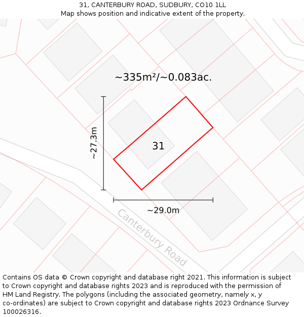 31, CANTERBURY ROAD, SUDBURY, CO10 1LL: Plot and title map