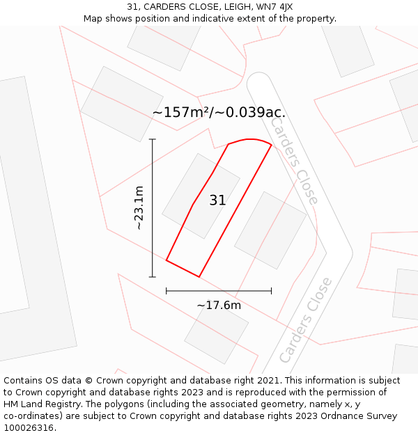 31, CARDERS CLOSE, LEIGH, WN7 4JX: Plot and title map