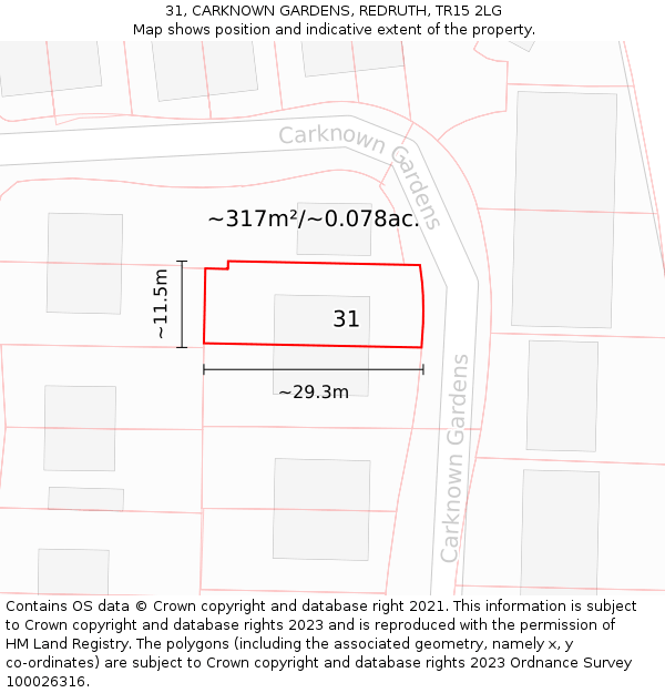 31, CARKNOWN GARDENS, REDRUTH, TR15 2LG: Plot and title map