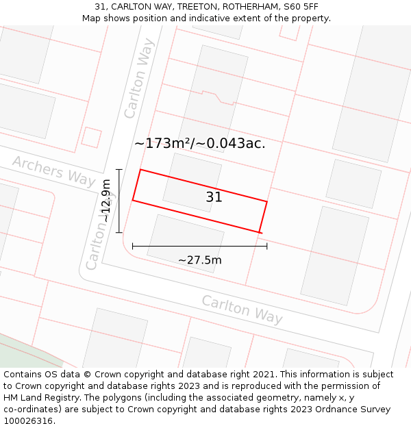 31, CARLTON WAY, TREETON, ROTHERHAM, S60 5FF: Plot and title map