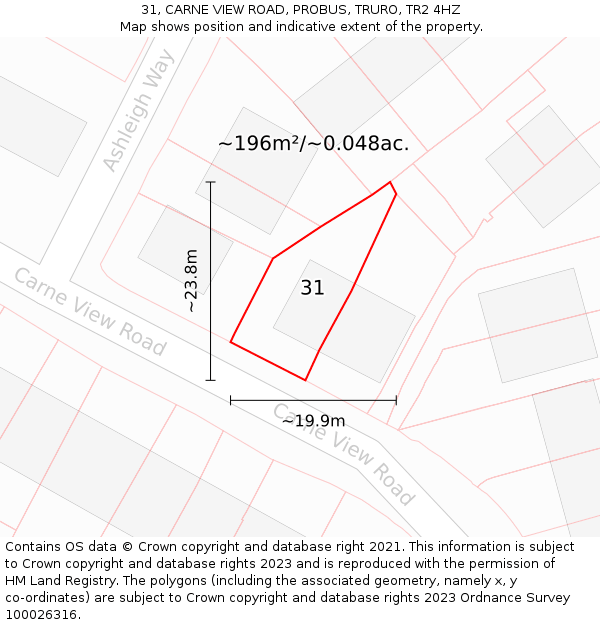 31, CARNE VIEW ROAD, PROBUS, TRURO, TR2 4HZ: Plot and title map