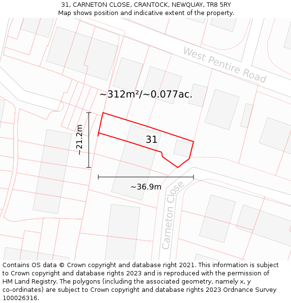 31, CARNETON CLOSE, CRANTOCK, NEWQUAY, TR8 5RY: Plot and title map