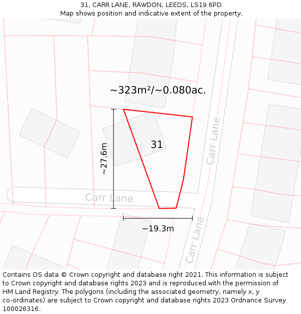 31, CARR LANE, RAWDON, LEEDS, LS19 6PD: Plot and title map
