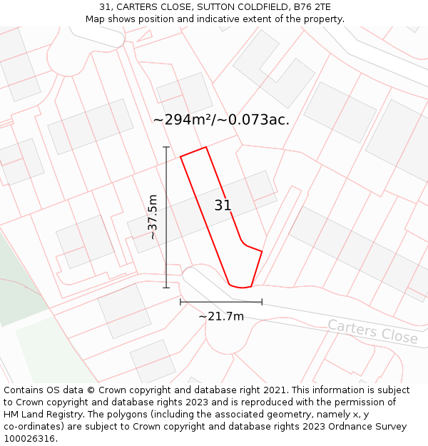 31, CARTERS CLOSE, SUTTON COLDFIELD, B76 2TE: Plot and title map