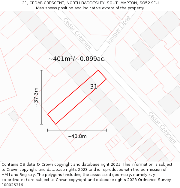 31, CEDAR CRESCENT, NORTH BADDESLEY, SOUTHAMPTON, SO52 9FU: Plot and title map