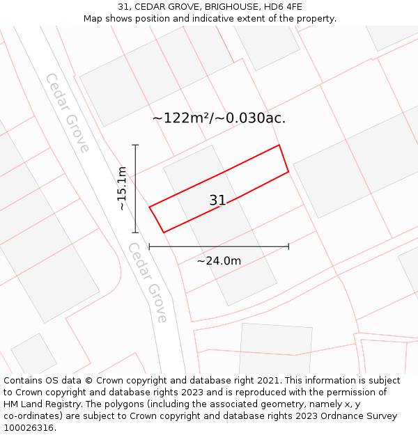 31, CEDAR GROVE, BRIGHOUSE, HD6 4FE: Plot and title map