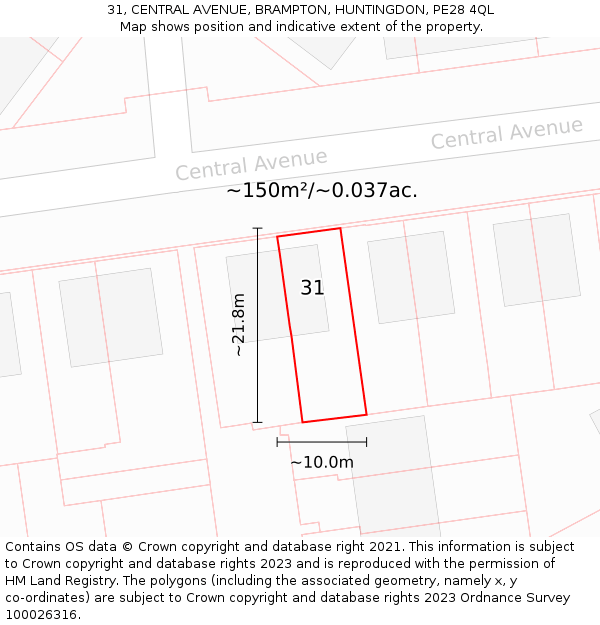 31, CENTRAL AVENUE, BRAMPTON, HUNTINGDON, PE28 4QL: Plot and title map