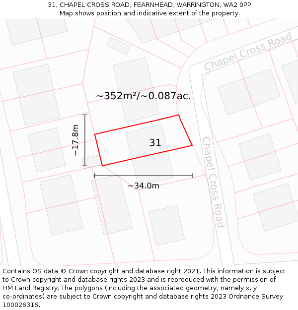 31, CHAPEL CROSS ROAD, FEARNHEAD, WARRINGTON, WA2 0PP: Plot and title map