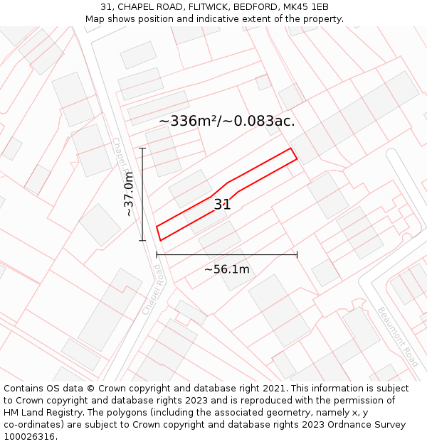 31, CHAPEL ROAD, FLITWICK, BEDFORD, MK45 1EB: Plot and title map
