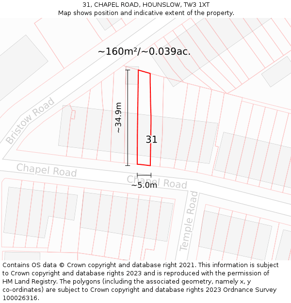 31, CHAPEL ROAD, HOUNSLOW, TW3 1XT: Plot and title map