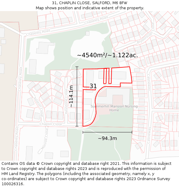 31, CHAPLIN CLOSE, SALFORD, M6 8FW: Plot and title map