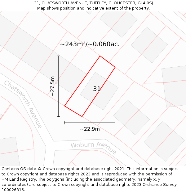 31, CHATSWORTH AVENUE, TUFFLEY, GLOUCESTER, GL4 0SJ: Plot and title map