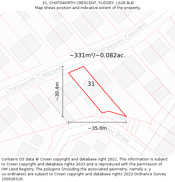 31, CHATSWORTH CRESCENT, PUDSEY, LS28 8LB: Plot and title map