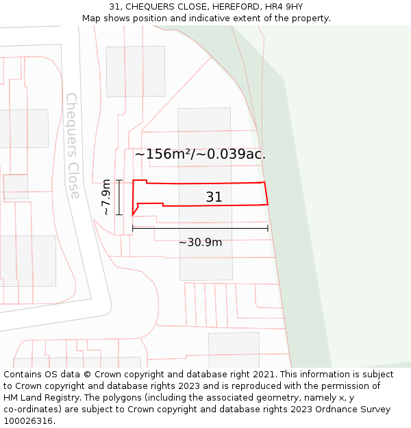 31, CHEQUERS CLOSE, HEREFORD, HR4 9HY: Plot and title map