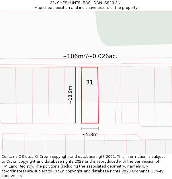 31, CHESHUNTS, BASILDON, SS13 3NL: Plot and title map