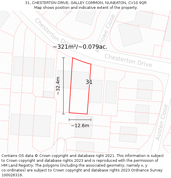 31, CHESTERTON DRIVE, GALLEY COMMON, NUNEATON, CV10 9QR: Plot and title map
