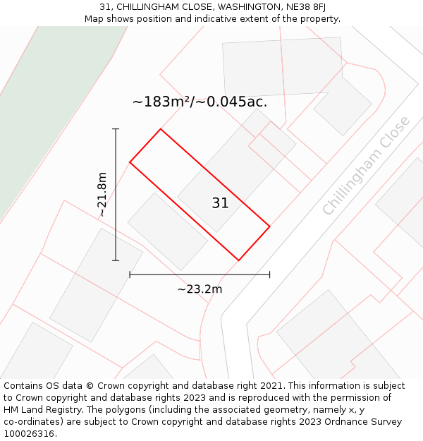 31, CHILLINGHAM CLOSE, WASHINGTON, NE38 8FJ: Plot and title map