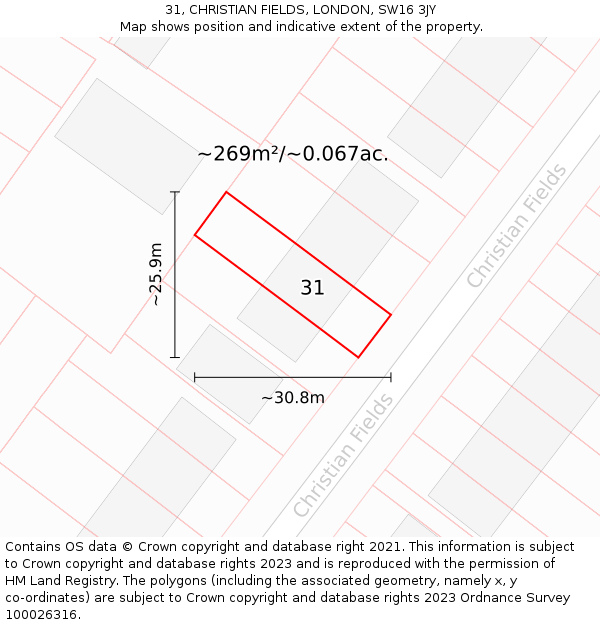 31, CHRISTIAN FIELDS, LONDON, SW16 3JY: Plot and title map