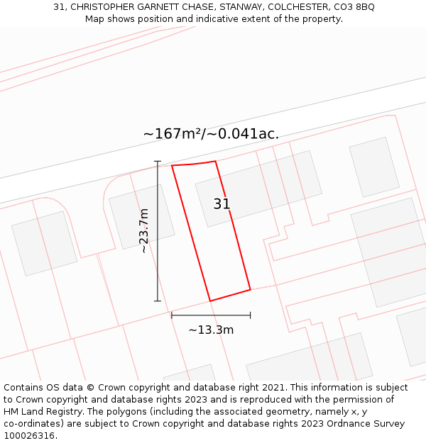 31, CHRISTOPHER GARNETT CHASE, STANWAY, COLCHESTER, CO3 8BQ: Plot and title map