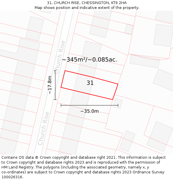 31, CHURCH RISE, CHESSINGTON, KT9 2HA: Plot and title map
