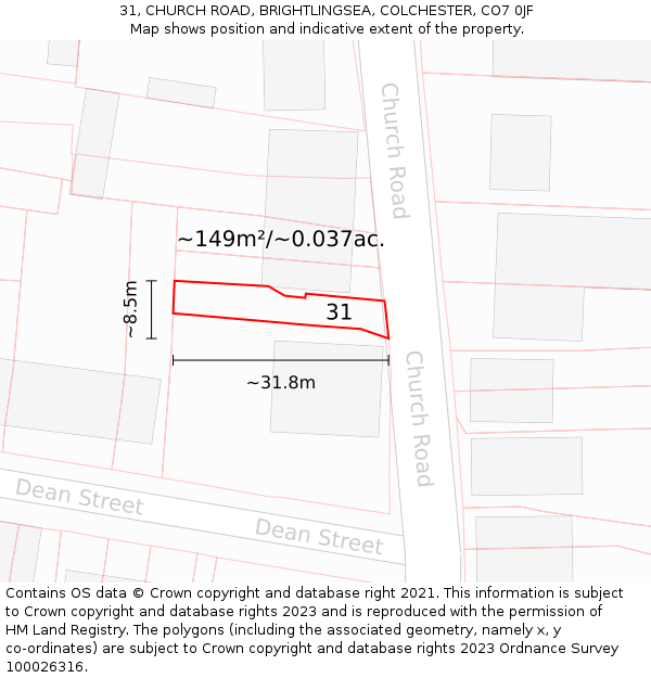 31, CHURCH ROAD, BRIGHTLINGSEA, COLCHESTER, CO7 0JF: Plot and title map