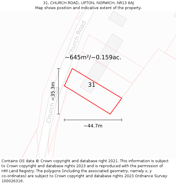 31, CHURCH ROAD, UPTON, NORWICH, NR13 6AJ: Plot and title map