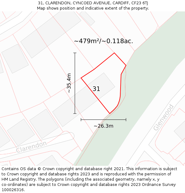 31, CLARENDON, CYNCOED AVENUE, CARDIFF, CF23 6TJ: Plot and title map